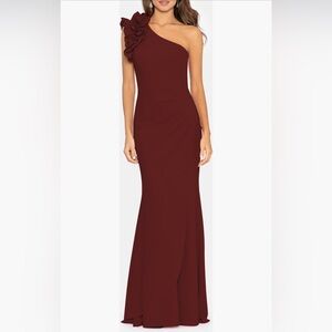 NWOT - Xscape Evenings -Ruffle One-shoulder Scuba Crepe Gown- Color: Wine-Size 4